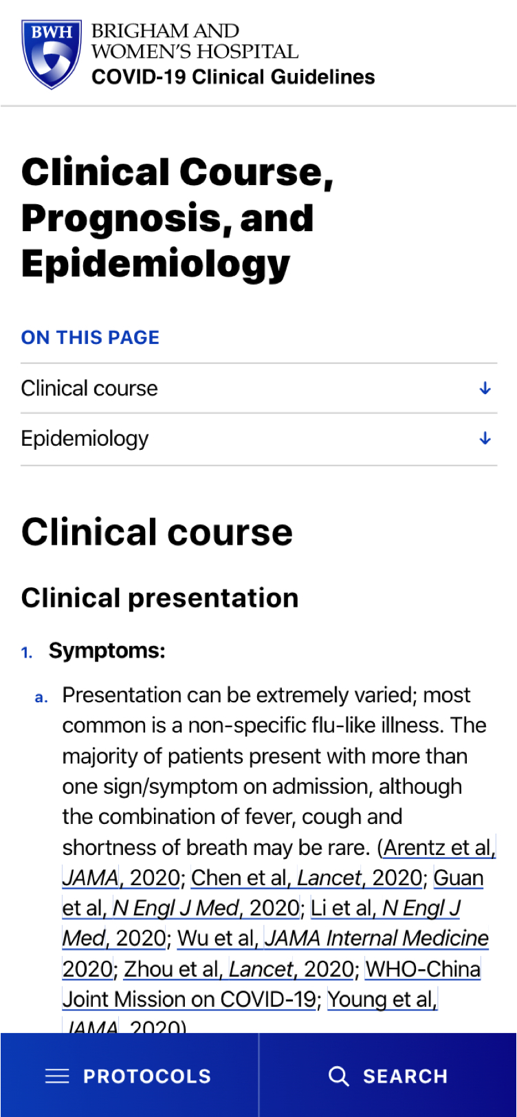 Clinical course on the covid protocols website on mobile.