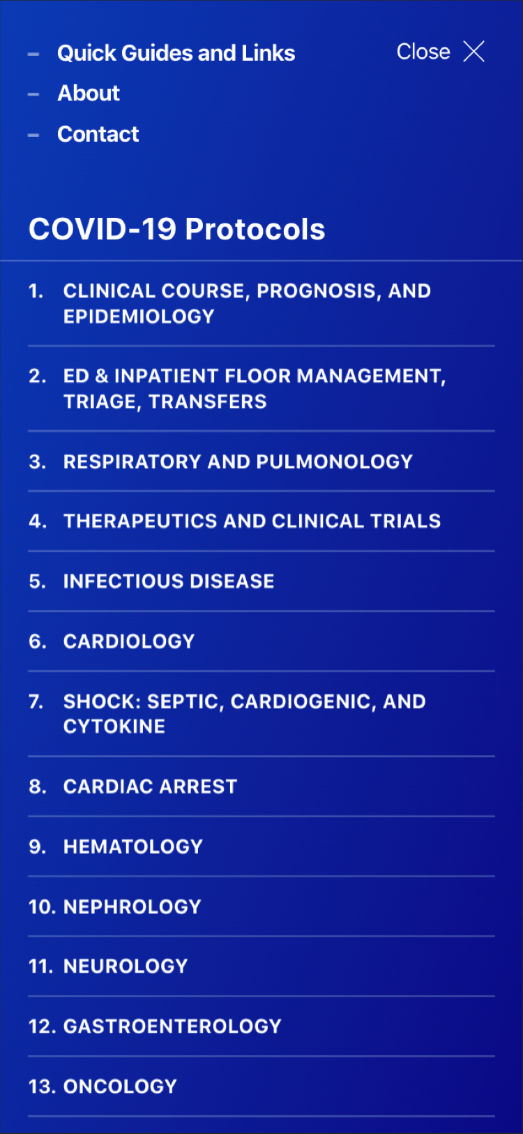 Menu of the covid protocols website on mobile.