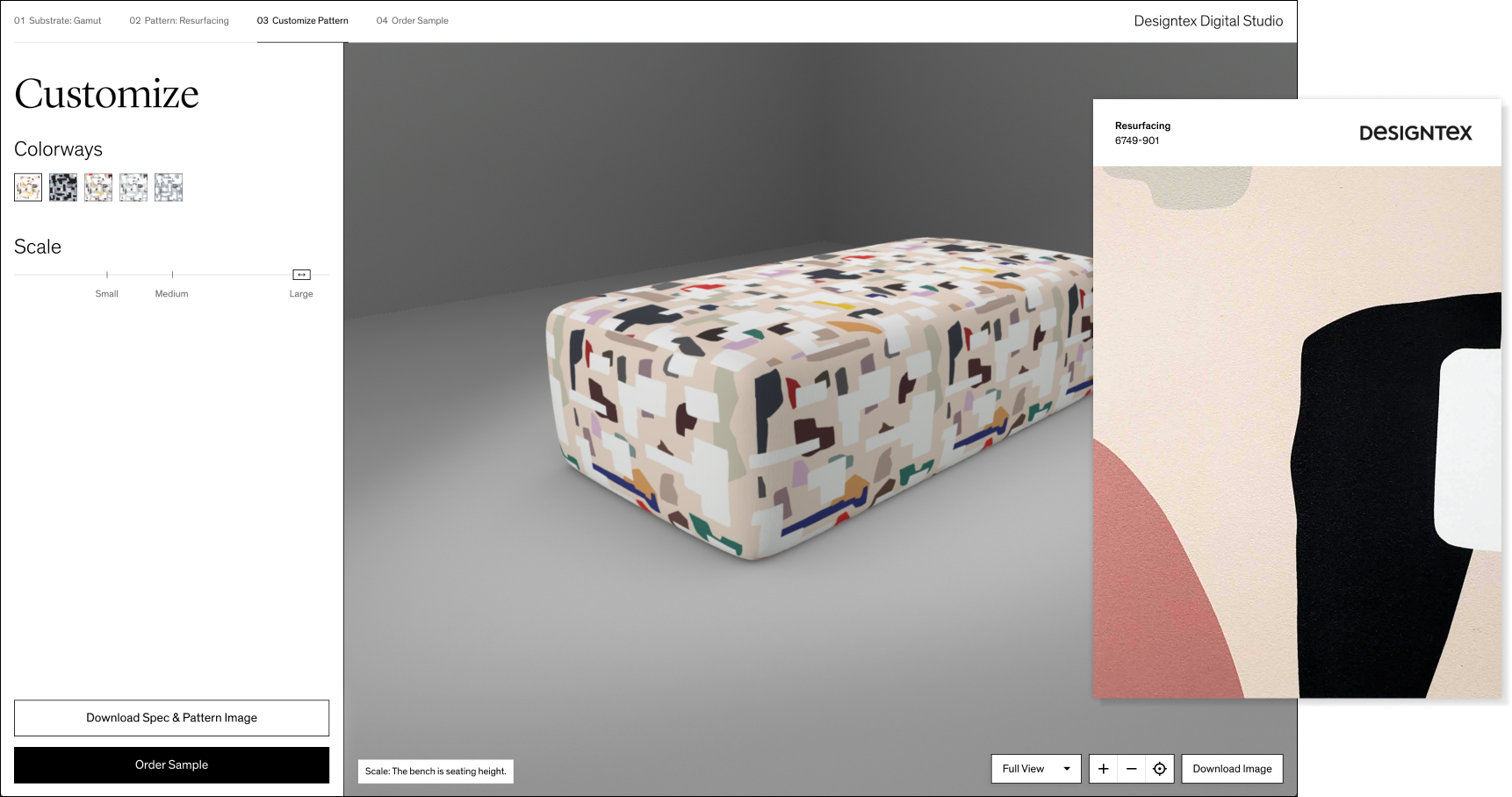 Step to customize a pattern with a 3D rendering on the Designtex Digital Studio.