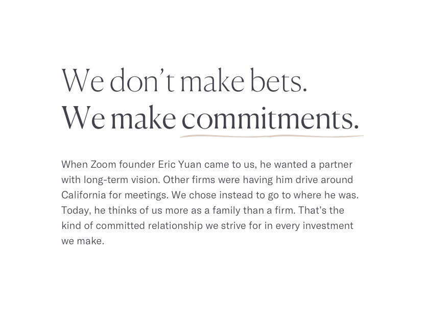 Section of a page with text and a heading that reads: 'We don't make bets. We make commitments.'