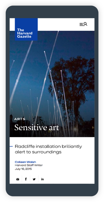 Harvard Gazette article titled Sensitive Art: Radcliffe installation brilliantly alert to surroundings (on mobile).