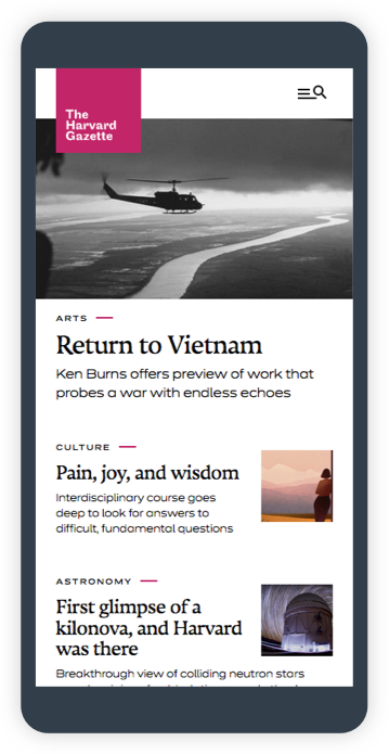 Harvard Gazette home page on mobile