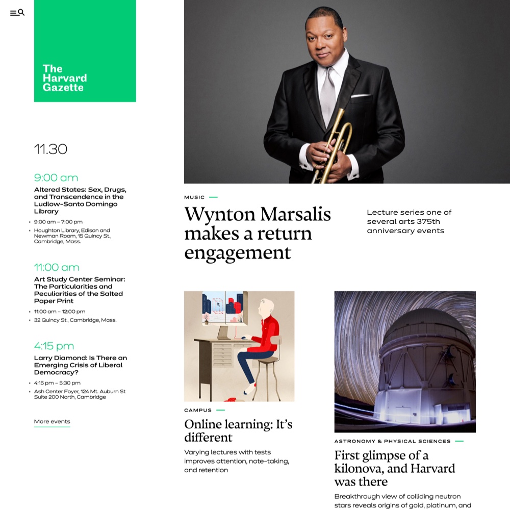 Harvard Gazette home page (green theme).