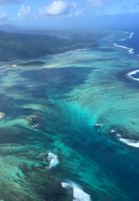 Aerial view of the sea and coast of Mauritius.