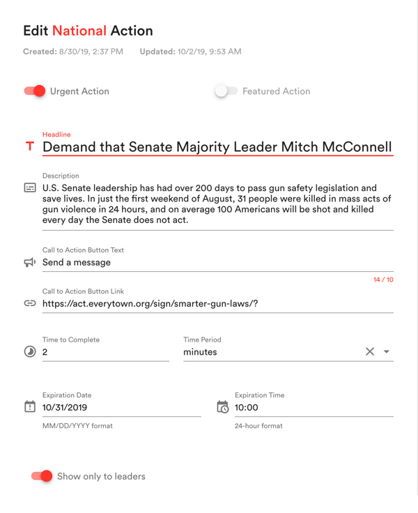 An edit page on the Moms Demand Action admin site.