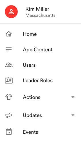 The navigation menu for the admin page of the Moms Demand Action app.