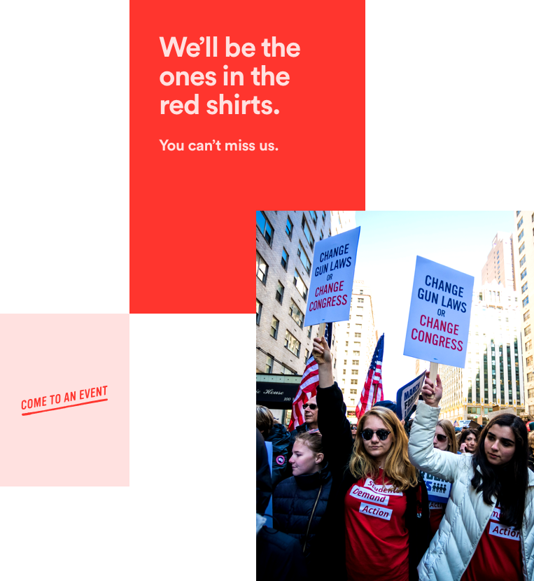 Moms Demand Action volunteers protesting in the streets wearing their trademark red shirts with text next to the image that reads: We'll be the ones in the red shirts. You can't miss us.