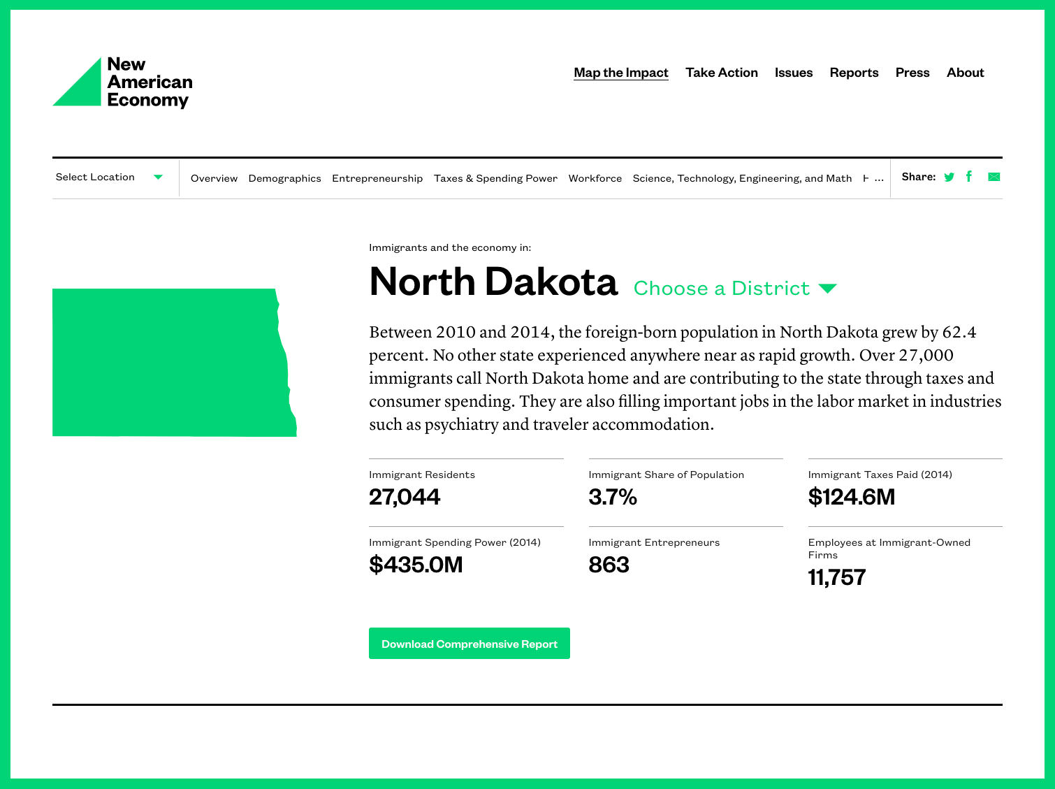 Page about immigrants and the economy in North Dakota on the New American Economy website on tablet.