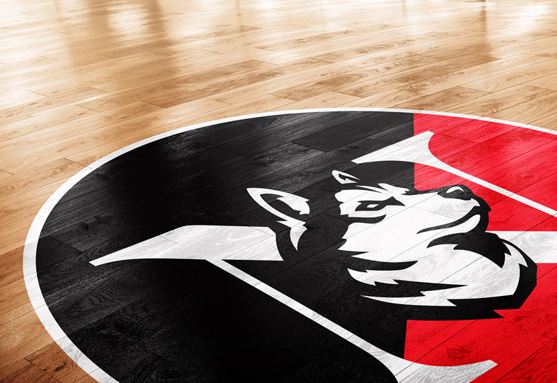 Close-up of Huskies logo on the floor of a basketball court.