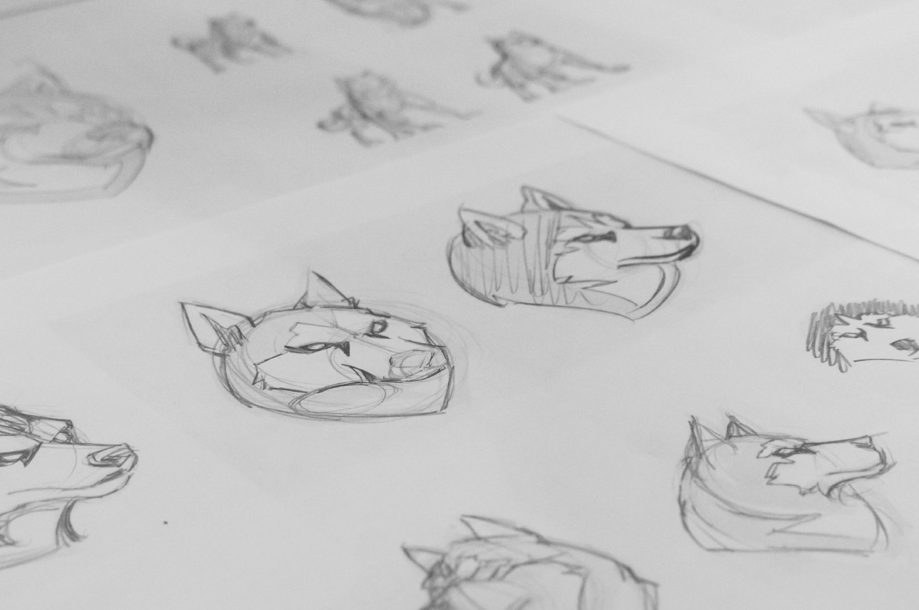 Husky logo sketches on paper.