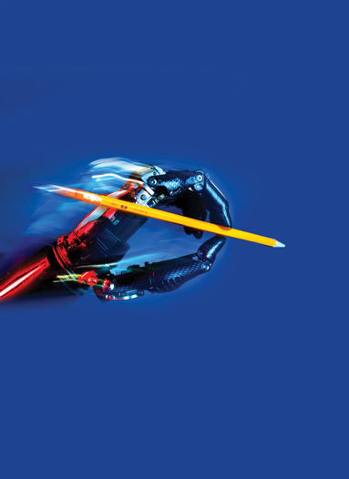 Robot hand holding pencil.