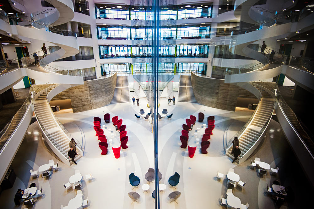 ISEC building atrium with spiral staircase.