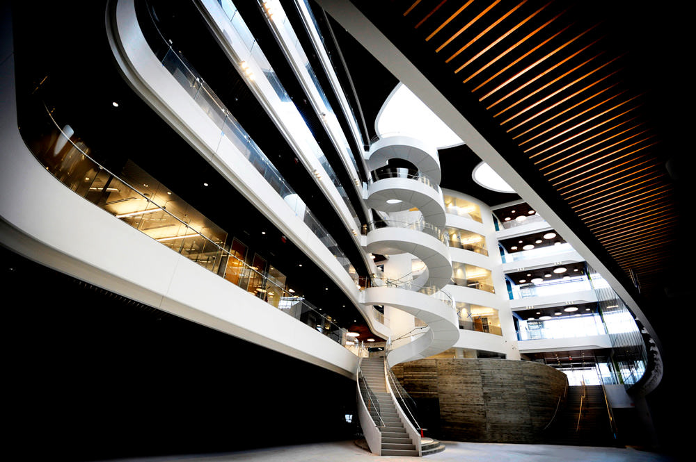 View of different floors and spiral staircase in the ISEC building.