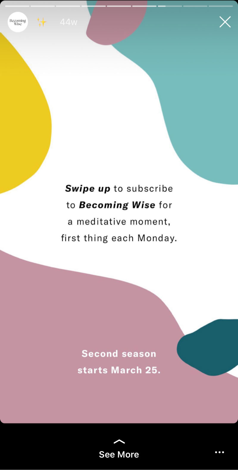 Instagram story from On Being teasing the becoming wise moment.