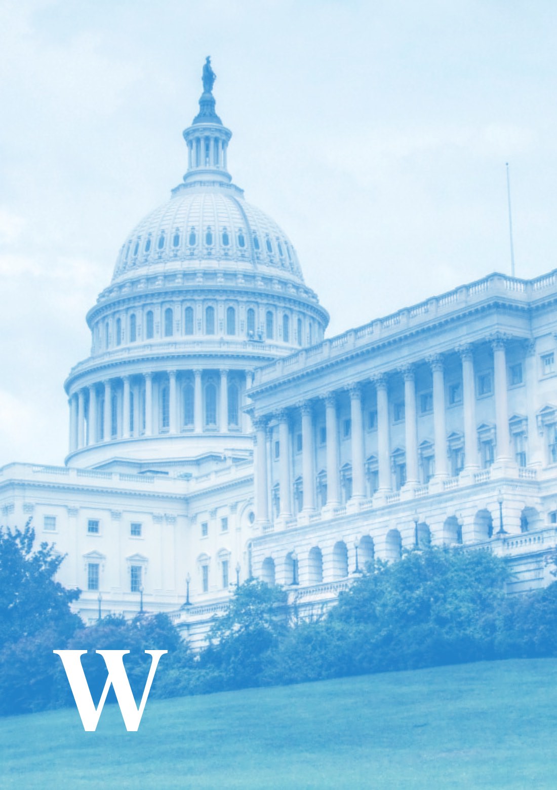 The US Capitol building with a light blue wash of color over it.