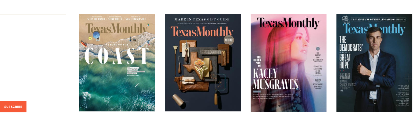 Section of Texas Monthly website with 'Subscribe today' text and Texas Monthly magazine covers.