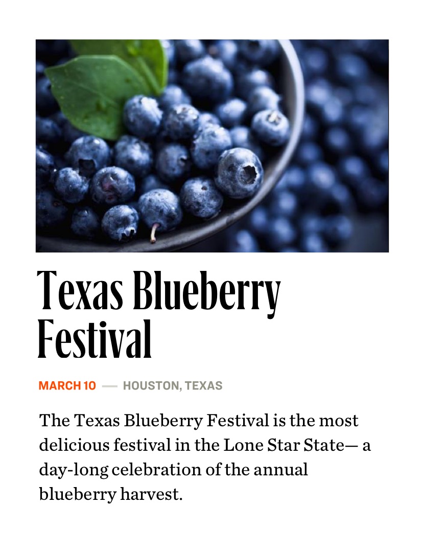 Event section of a page on the Texas Monthly website with title: Texas Blueberry Festival.