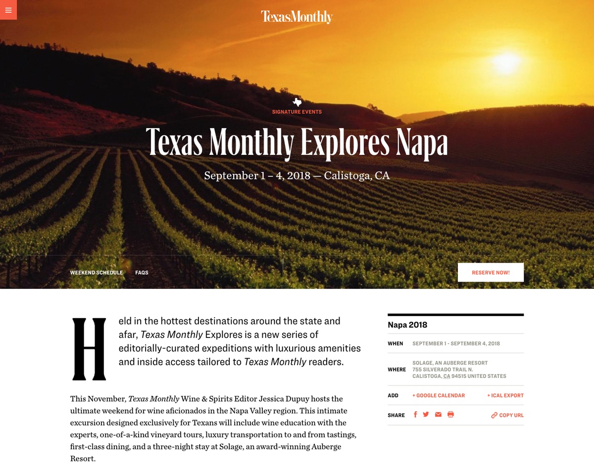 Event page on the Texas Monthly website with title: Texas Monthly Explores Napa.