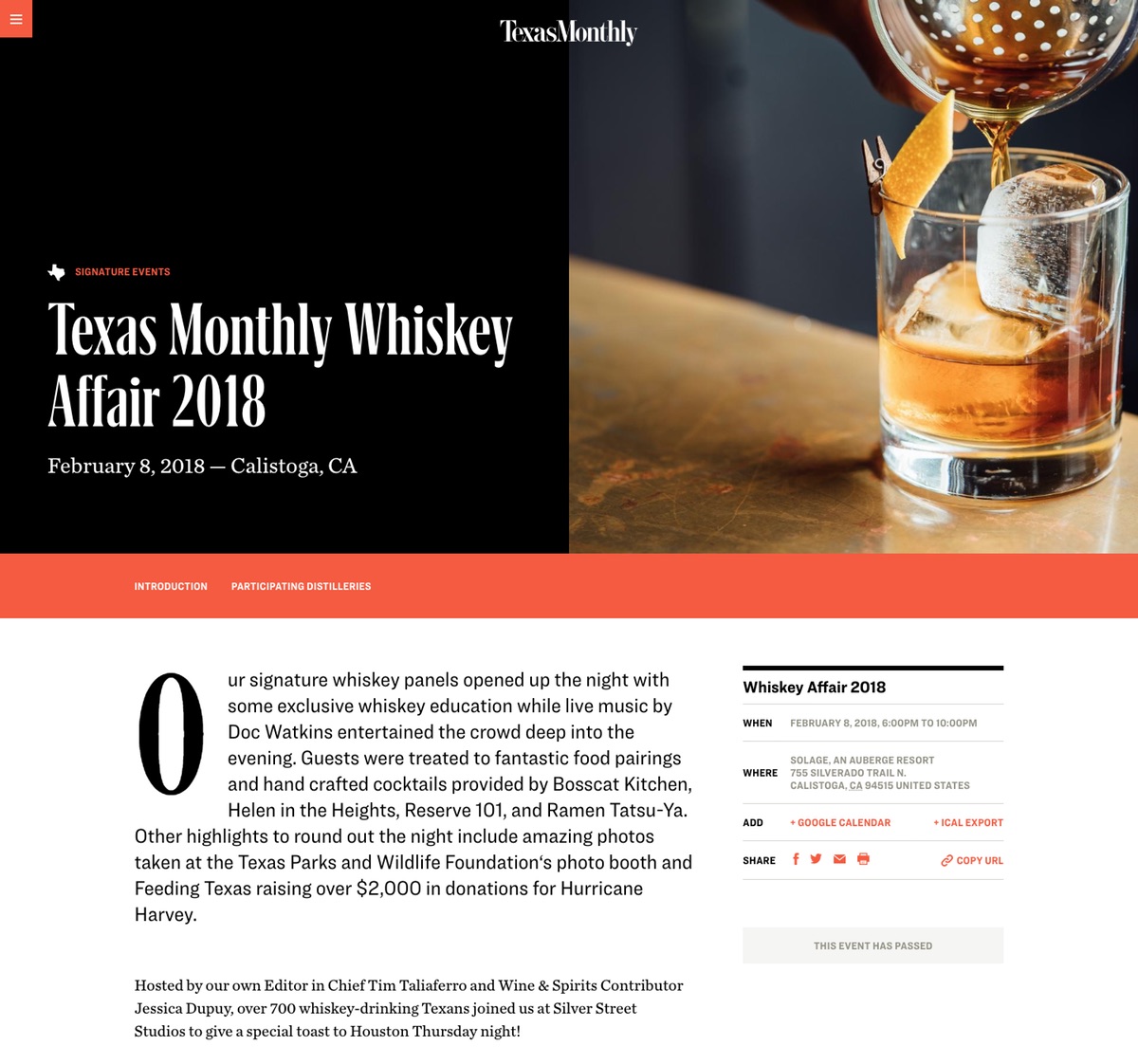 Event page on the Texas Monthly website with title: Texas Monthly Whiskey Affair.