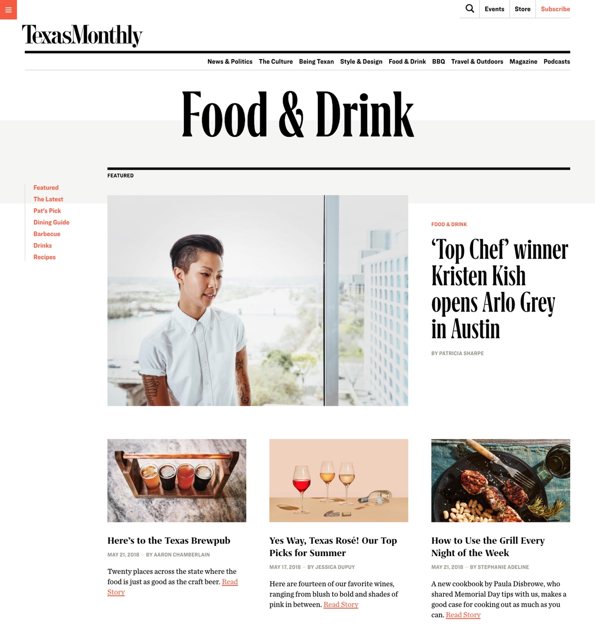 Food & Drink category page on Texas Monthly website.