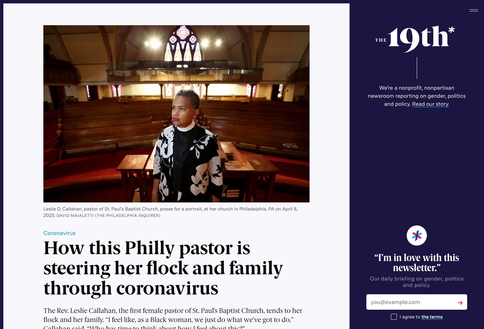 Article from the 19th website titled: How this Philly pastor is steering her flock and family through coronavirus.