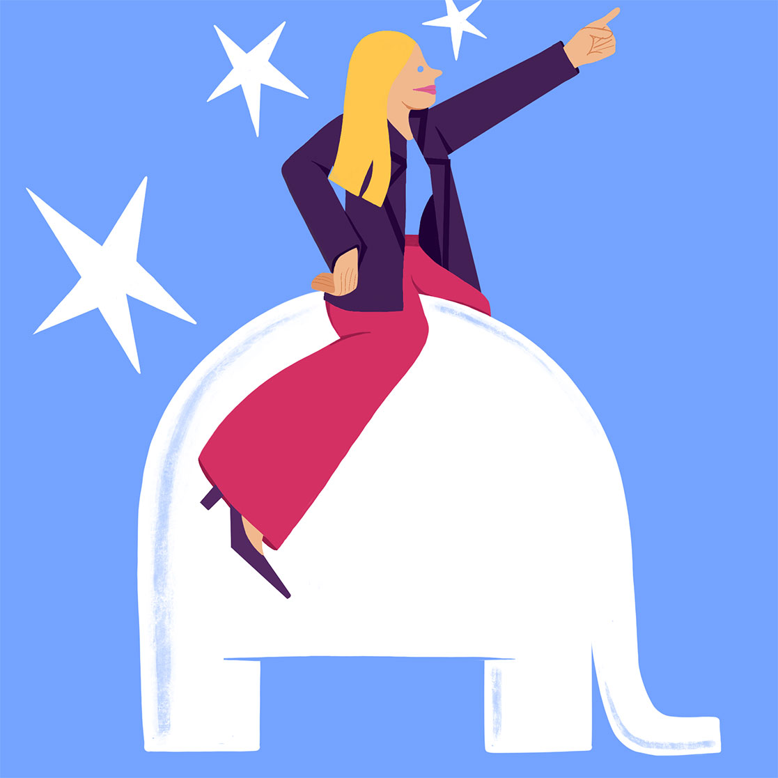 Illustration of a woman riding an elephant pointing forward.