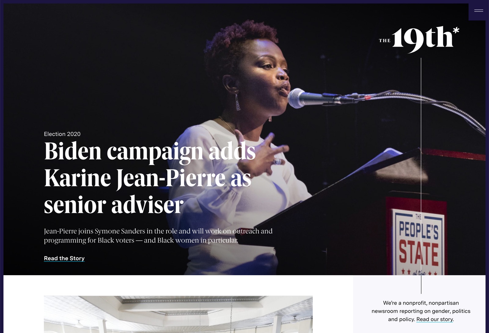 Article from the 19th website titled: Biden campaign adds Karine Jean-Pierre as senior adviser.