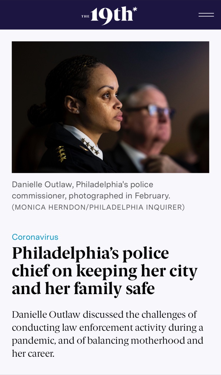 Article on the 19th website on mobile with title: Philadelphia’s police chief on keeping her city and her family safe.