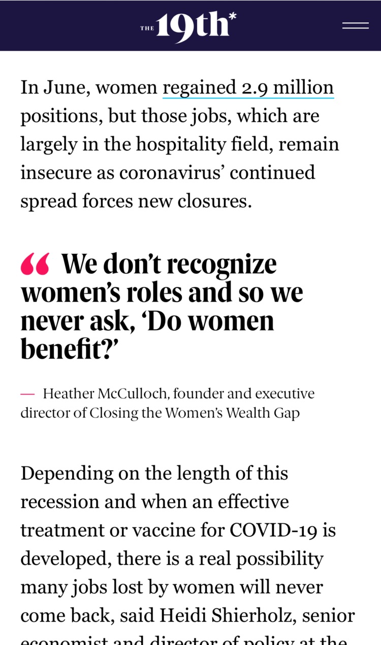 Article on the 19th website on mobile with pull quote: We don’t recognize women’s roles and so we never ask, ‘Do women benefit?’.