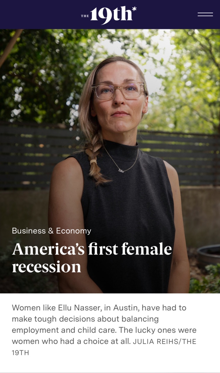 Article on the 19th website on mobile with title: America’s first female recession.