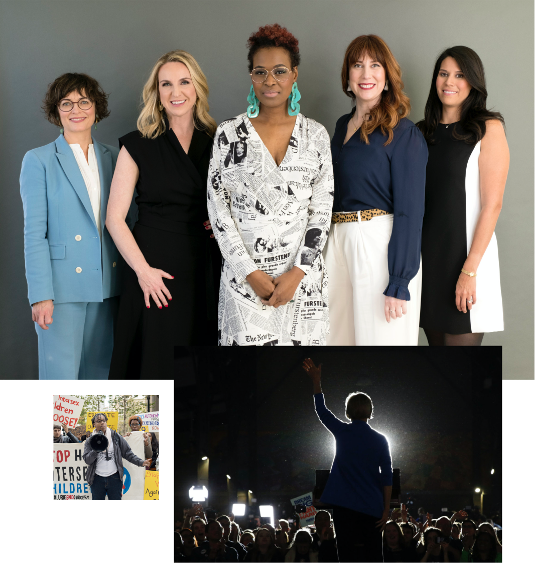 A collage of the 19th executive team, Elizabeth Warren on stage, and Sean Saifa Wall (Intersex Justice Project founder) at a protest.