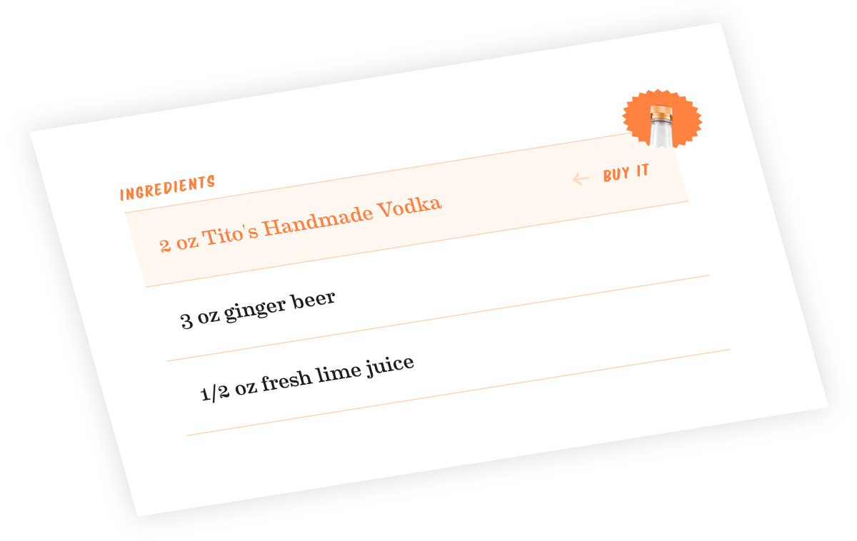 List of ingredients on a recipe page on the Tito's Handmade Vodka website.