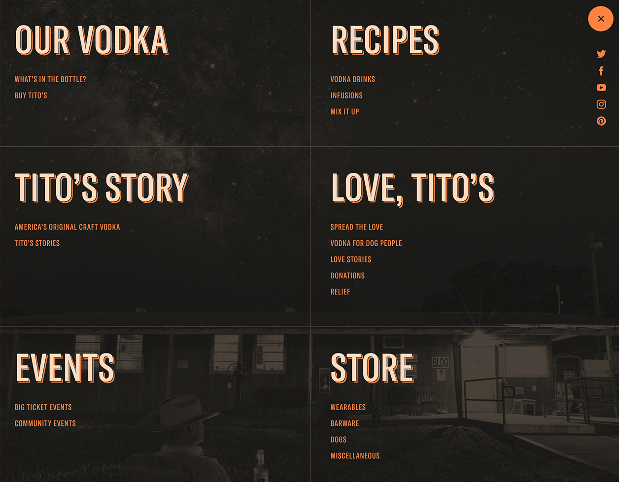 Navigation menu on the Tito's Handmade Vodka website.