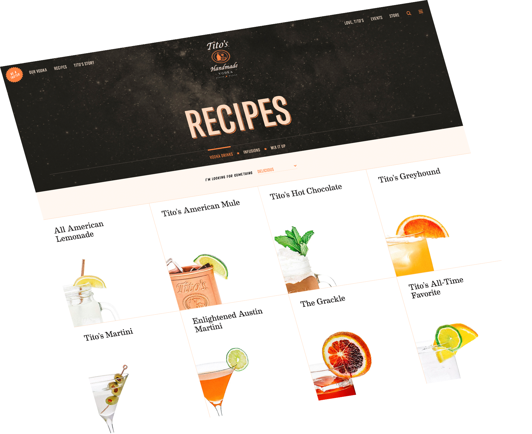 A page with a list of cocktail recipes on the Tito's Handmade Vodka website.