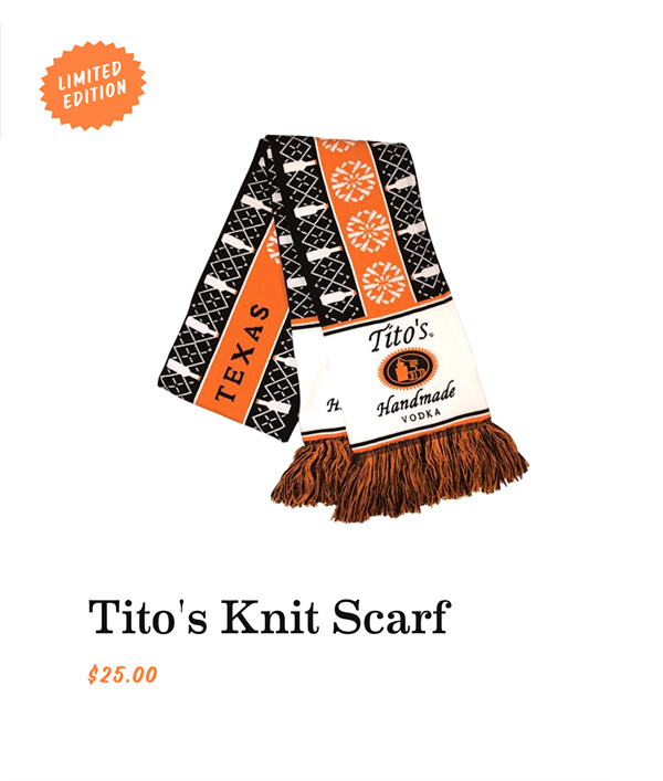 Tito's Knit Scarf on the store of the Tito's Handmade Vodka website.