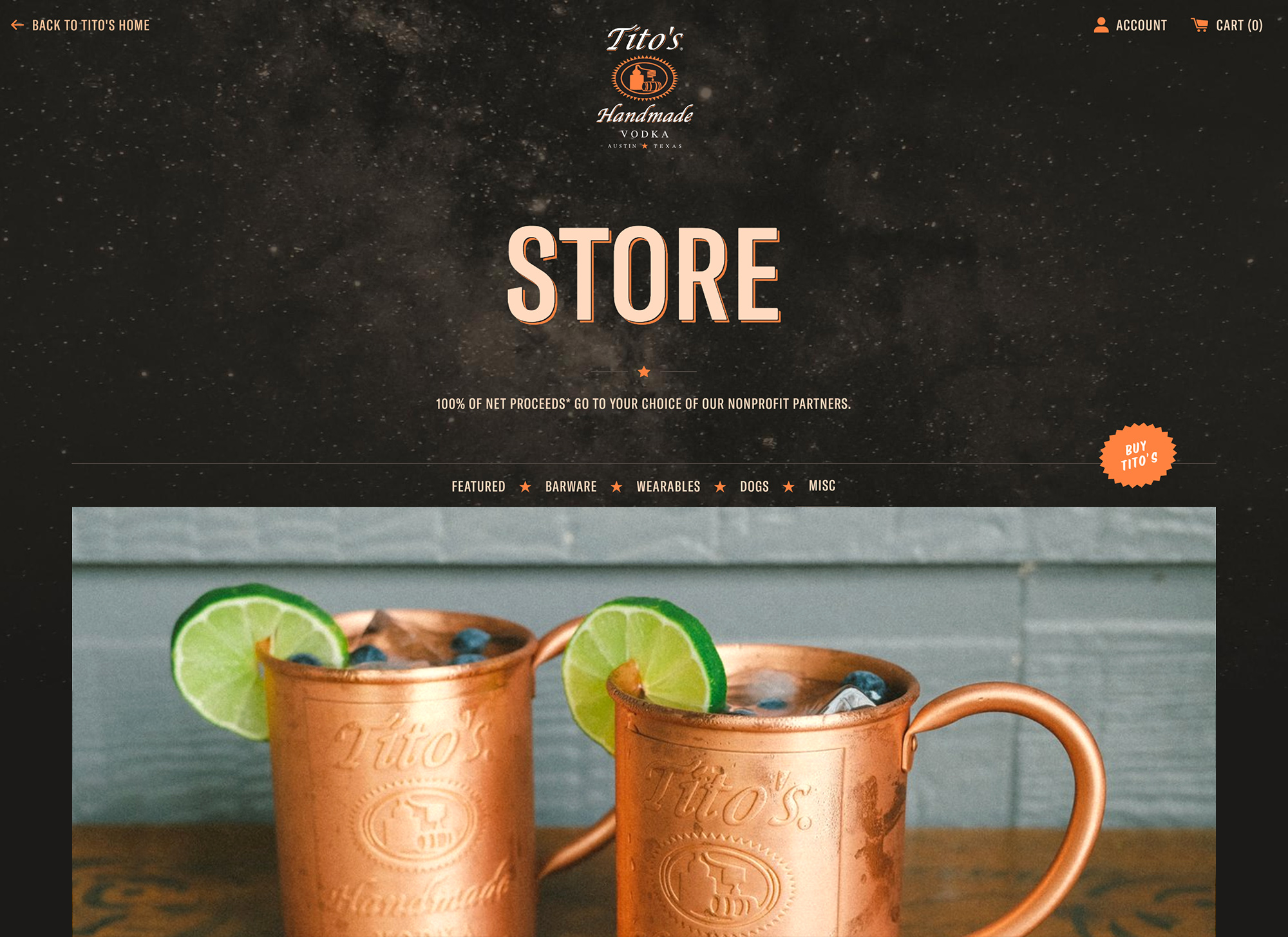 Store page on the Tito's Handmade Vodka website.