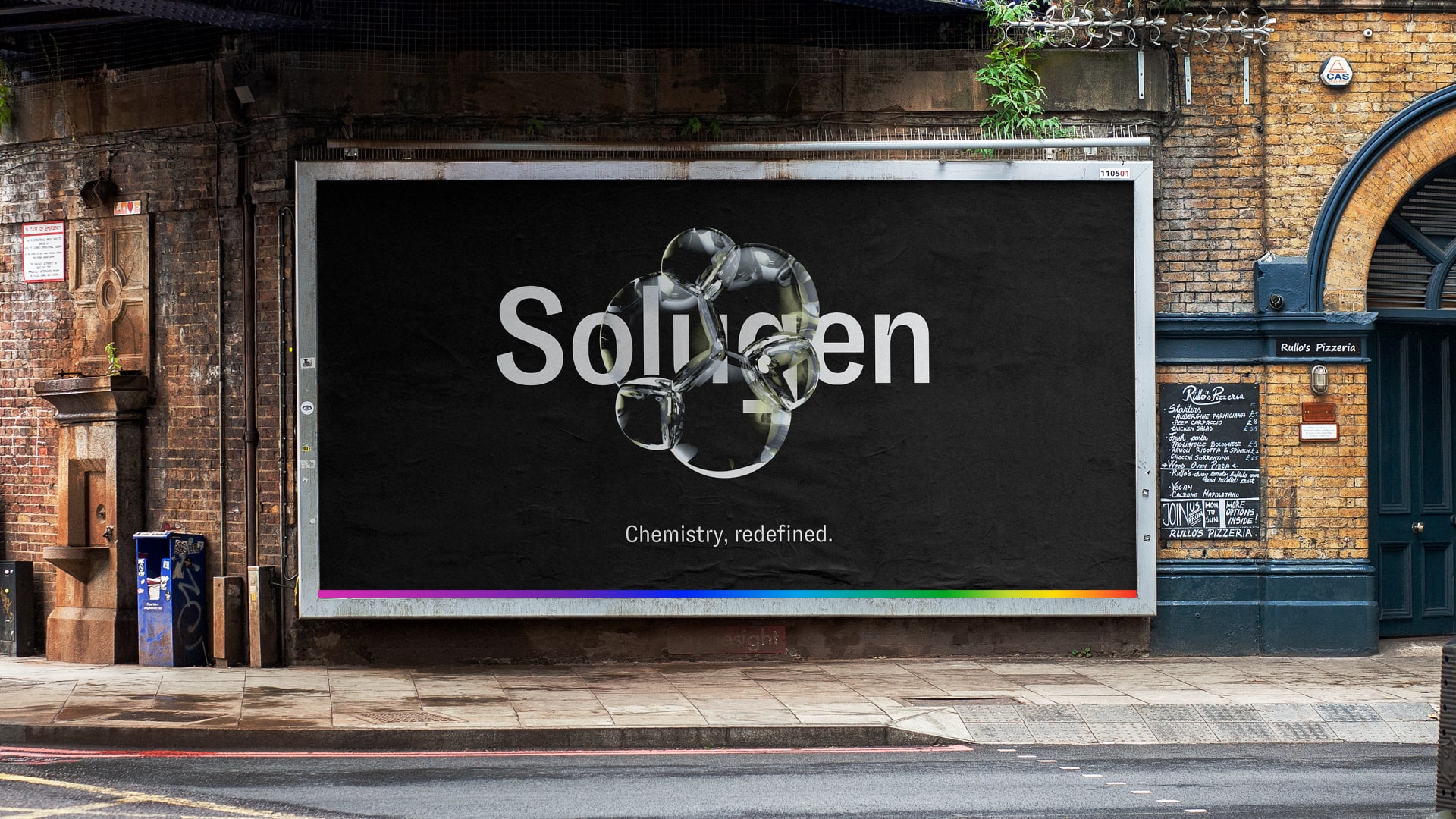 A billboard in a city environment with Solugen's logo