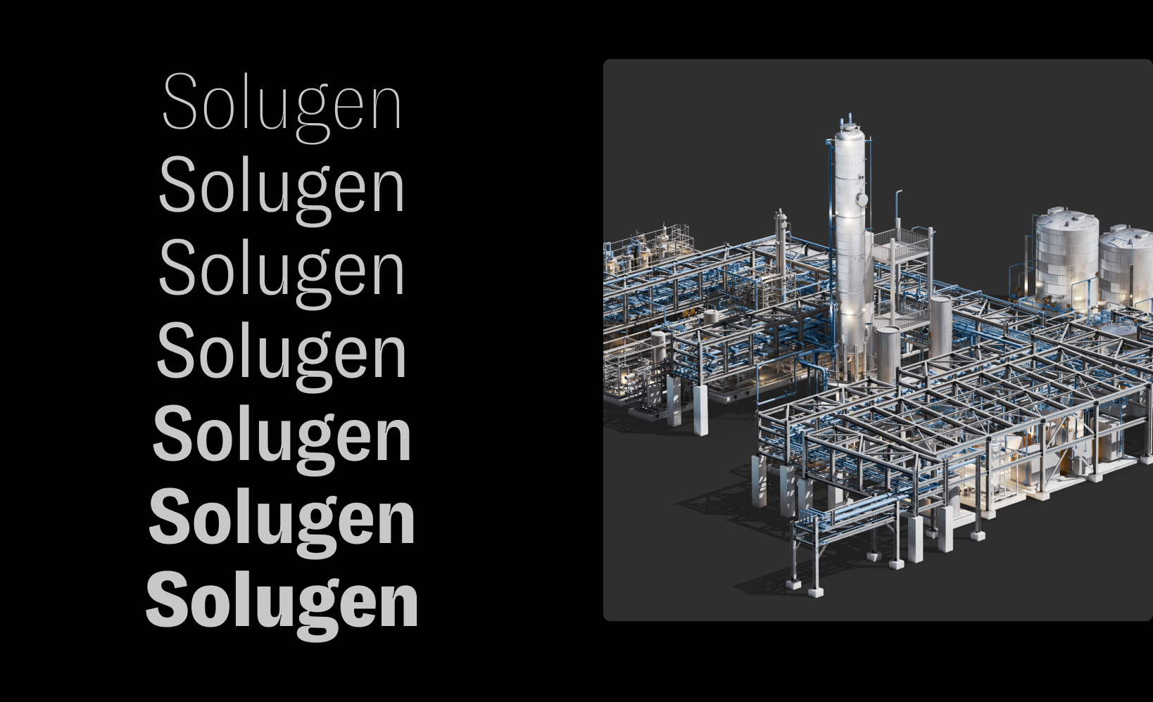 A grid of Solugen's typography and a 3D rendering of Solugen's factory