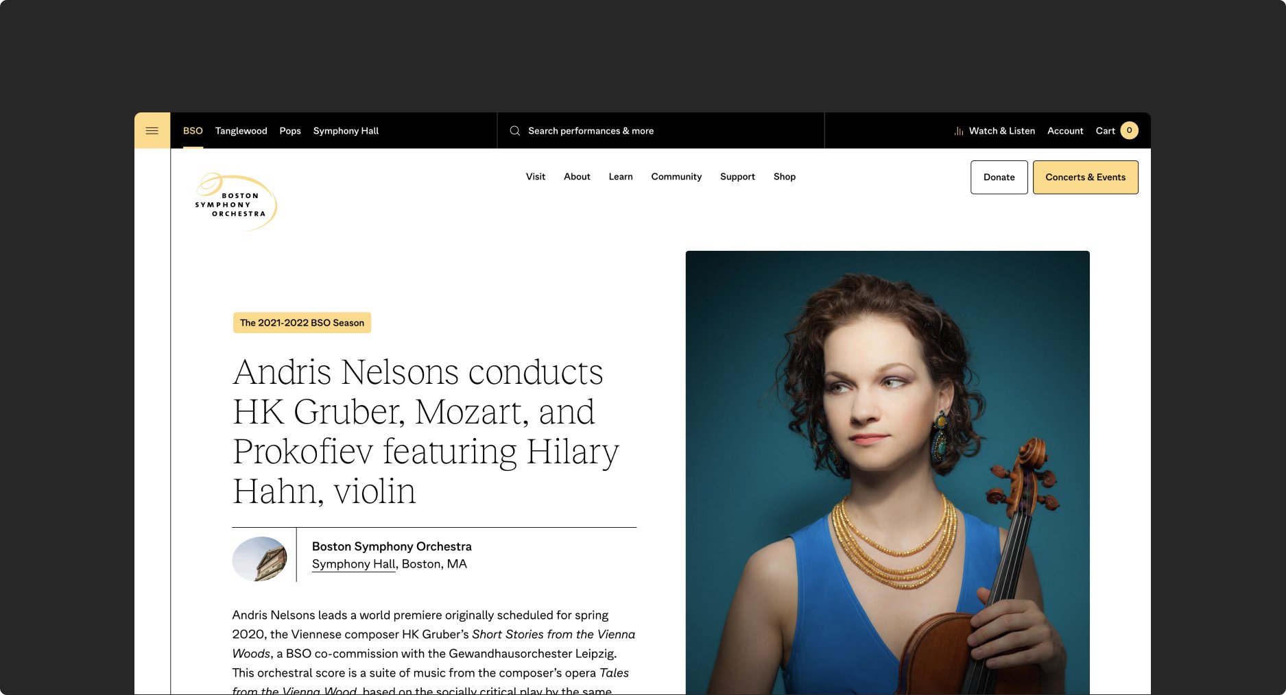 BSO event detail page for an upcoming concert, conducted by Andris Nelsons