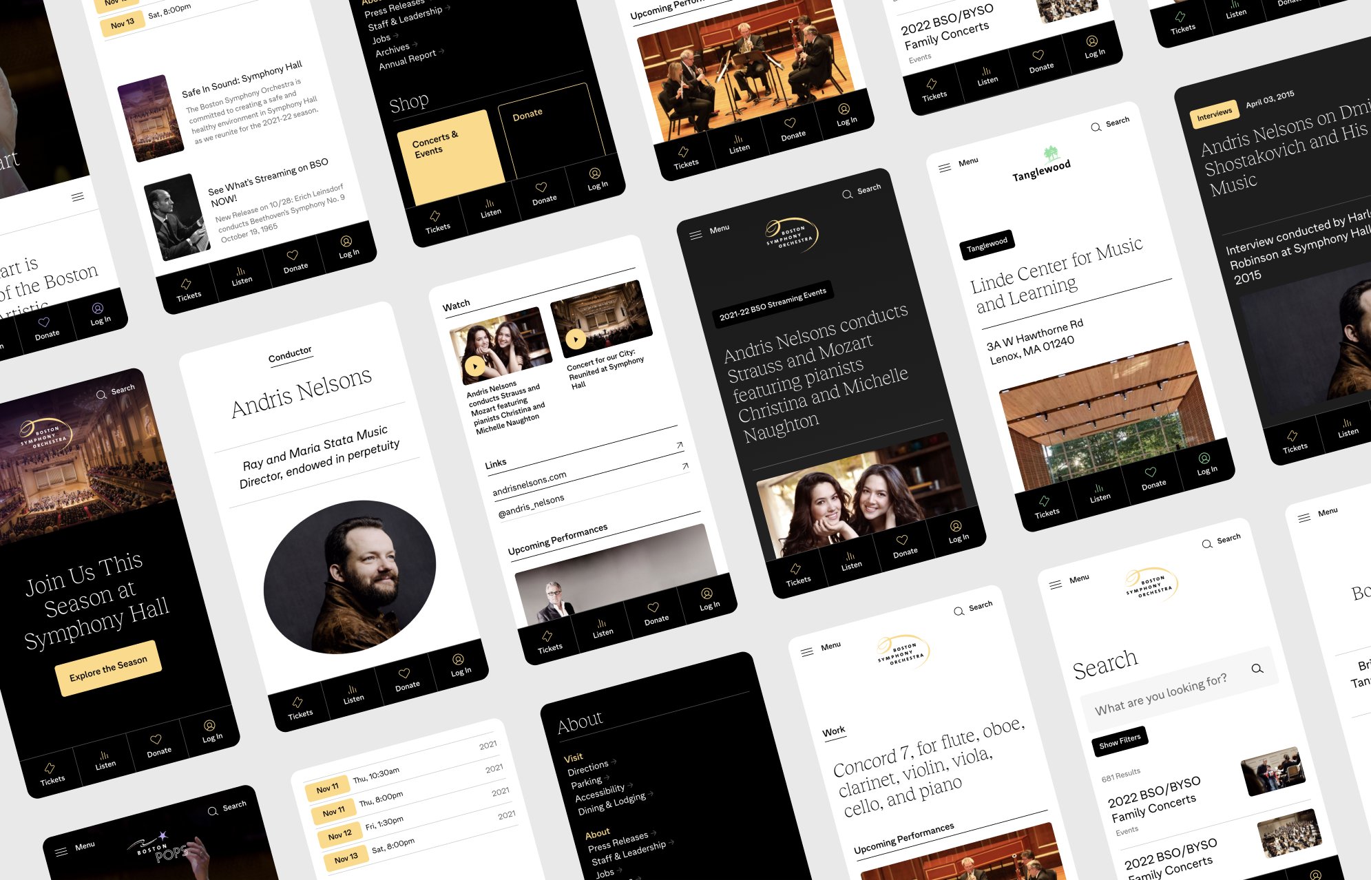 A grid of mobile screens from the new BSO site