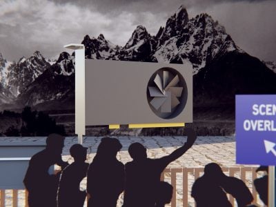 A collage like illustration of silhouetted tourists posing in front of a giant GPU in a roadside attraction