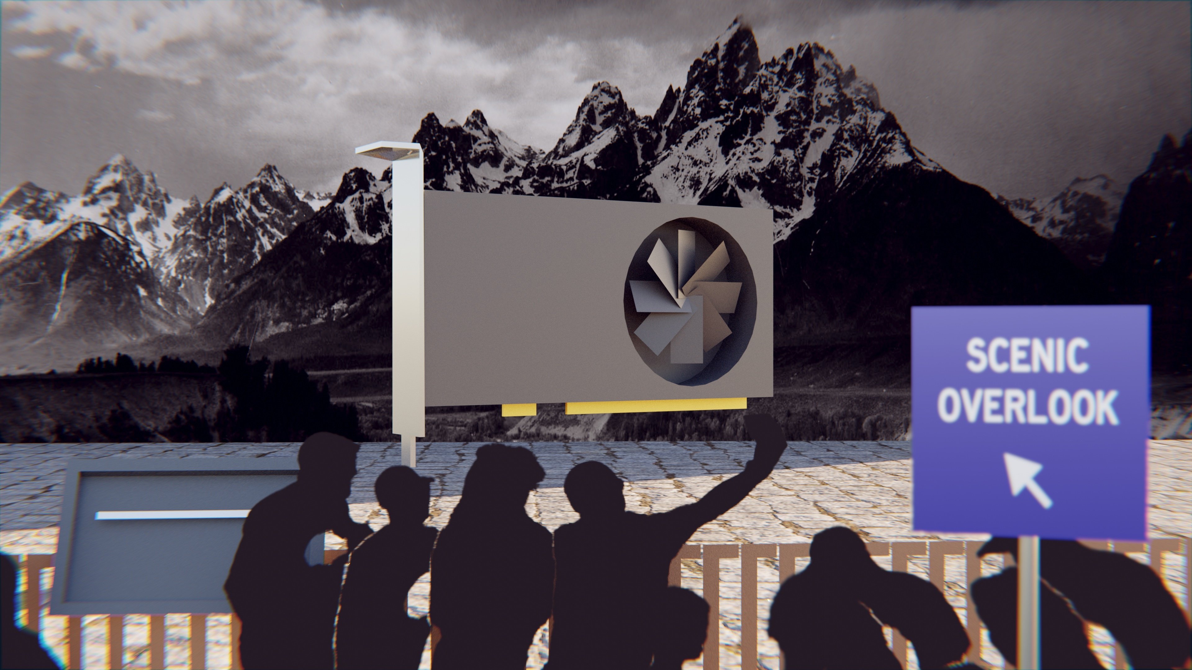 A collage like illustration of silhouetted tourists posing in front of a giant GPU in a roadside attraction